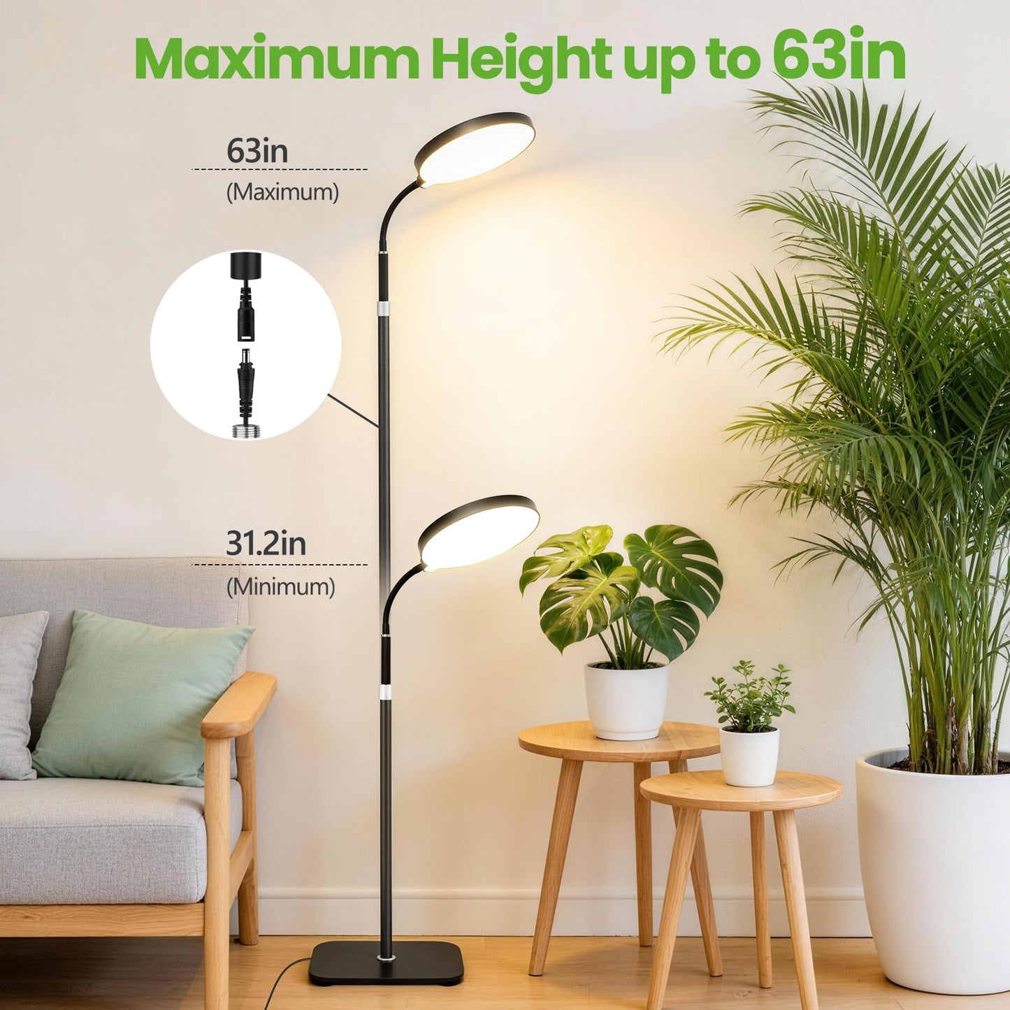 MistyJungle 20W Full Spectrum Grow Light for Indoor Plants, 63in Adjustable Floor Lamp with Gooseneck, 4000K Natural Sunlike Light, 3/9/12H Auto On/Off Timer, 10-Level Dimmable for Tall Small Plants