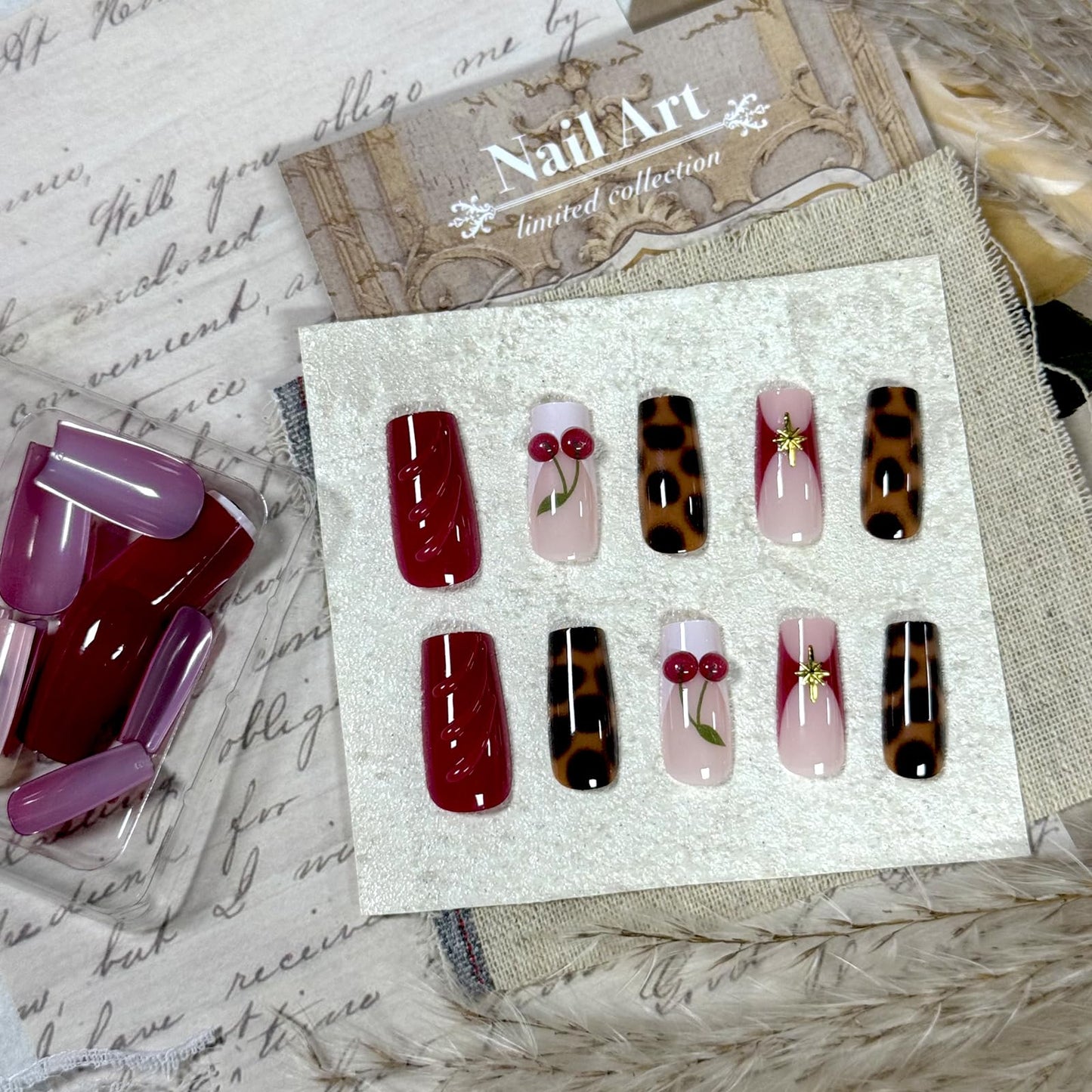 IMRAIN Press on Nails Long Square Fake Nails with 3D Cherry, Leopard Print Designs Glue on Nails Brown Red Acrylic False Nails for Women