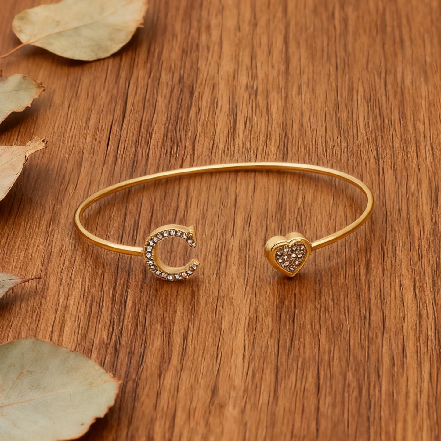 BXDA Trendy Gold Plated Heart Initial C Cuff Bangle Bracelet for Women, Handmade Statement Cubic Zirconia Stackable Open Letter Bracelets Fashion Jewelry Accessories Gift