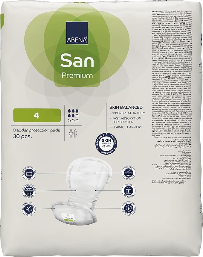 Abena San Premium Incontinence Pads, Moderate Absorbency, (Sizes 4 to 7), Size 4, 90 Count