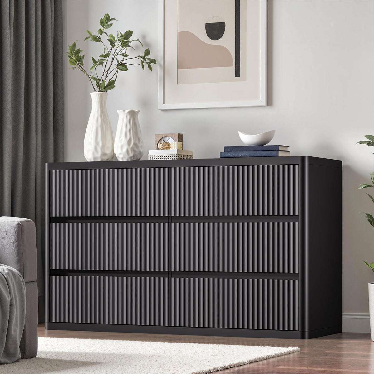 Black 6 Drawers Double Dresser