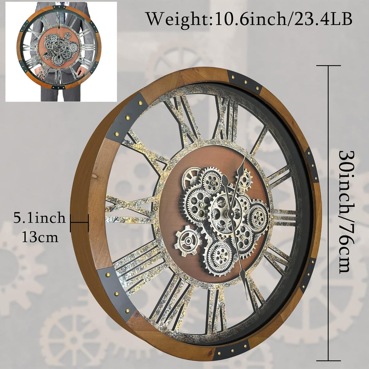 30 Inch Moving Gear Wall Clock, Oversized Wall Clocks, Clock Living Room Decor, Solid Wood Frame, Battery Operated, Large Wall Clock with Steampunk Industrial for Fireplace(Machilus)