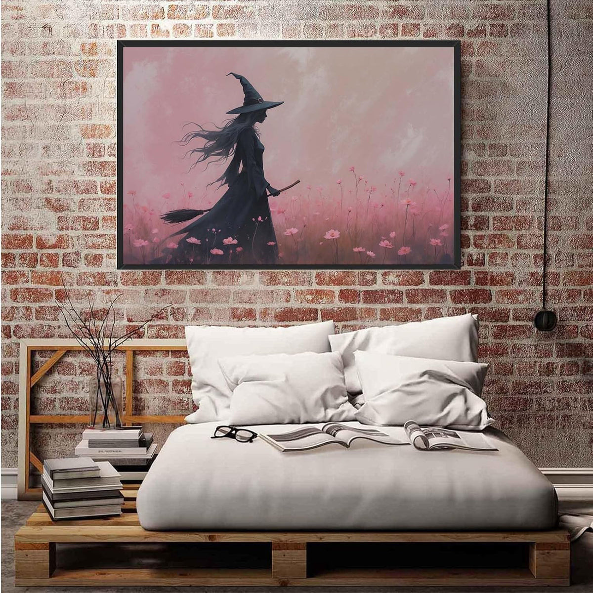 JFHCQJPK Witch in the pink sea of flowers Halloween prints weird flowers wall art silhouette painting fashionable romantic decoration suitable for bedroom24x36in Metal blackFramed