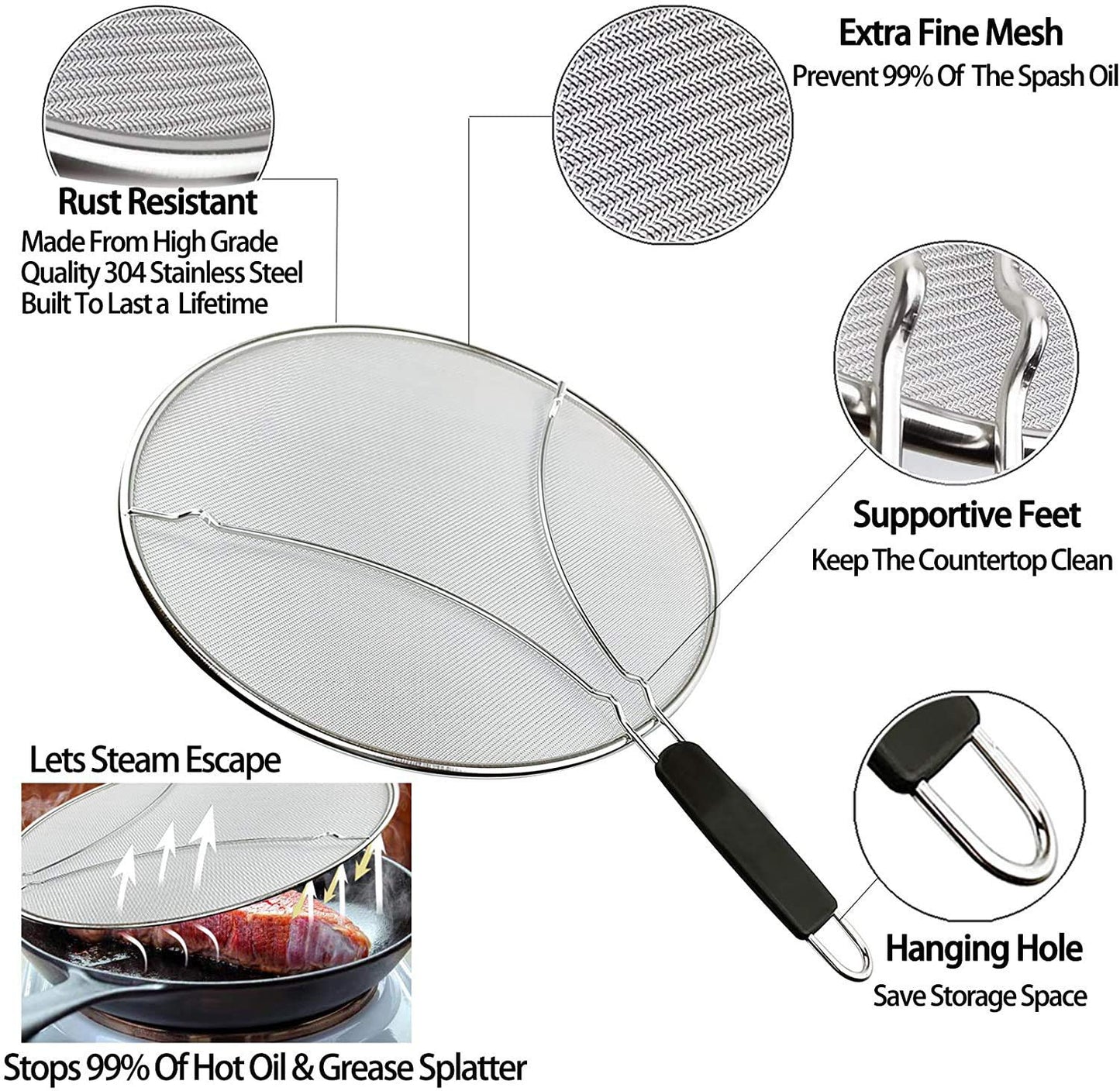 Large Splatter Screen for Frying Pan, 15 Inch Stainless Steel Grease Splatter Guard, Mesh Frying Screen Keeps Kitchen Clean and Protects Skin From Burns