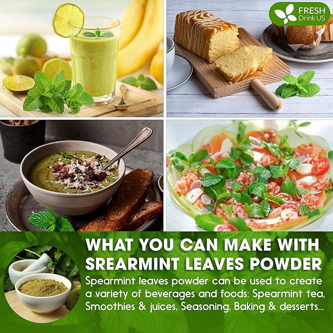 FreshDrinkUS, Premium Spearmint Leaf Powder 8oz – Pure Natural Mint Powder for Tea, Smoothies, Cooking, and Baking – Resealable Pouch