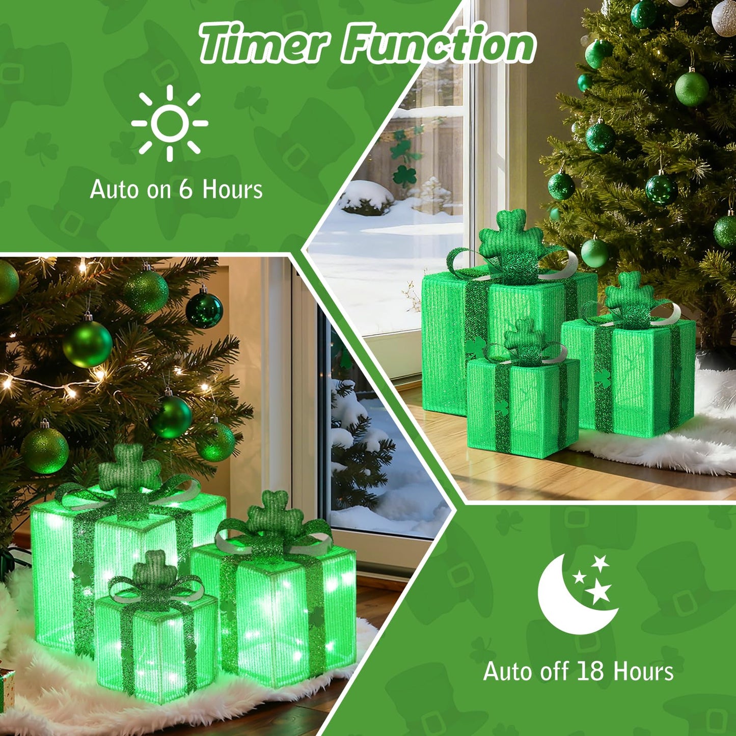 Lewondr St Patricks Day Decorations Lighted Gift Boxes with 3D Shamrocks, Green Decor Light Up Present Boxes for St Patrick's Day, USB Powered + Remote Control Lucky Clover for Indoor Home Holiday