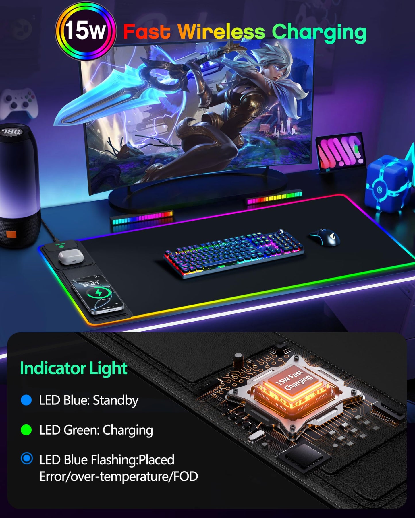 abc.mat 4-in-1 RGB Gaming Mouse Pad with Wireless Charging & Phone Stand, 31.5"x15.8" Large, 24 Light Effects, Non-Slip Base, Waterproof Ultra-Smooth Surface, with Adatper, No Adatper