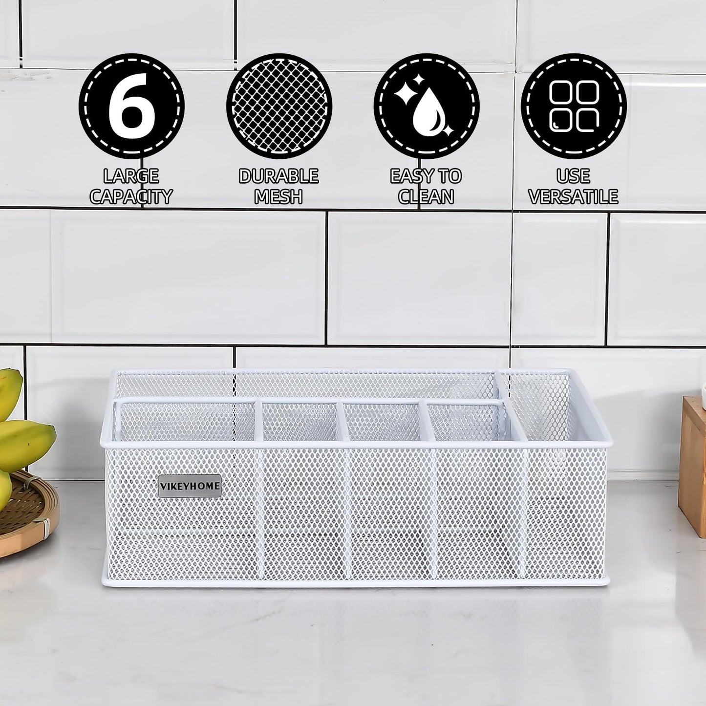 VIKEYHOME Paper Plate Organizer, Metal Silverware Caddy with 6 Compartments for Knives, Spoons, Cups, Forks, Napkins, Utensil Holder for Party, Camping, Picnic, White