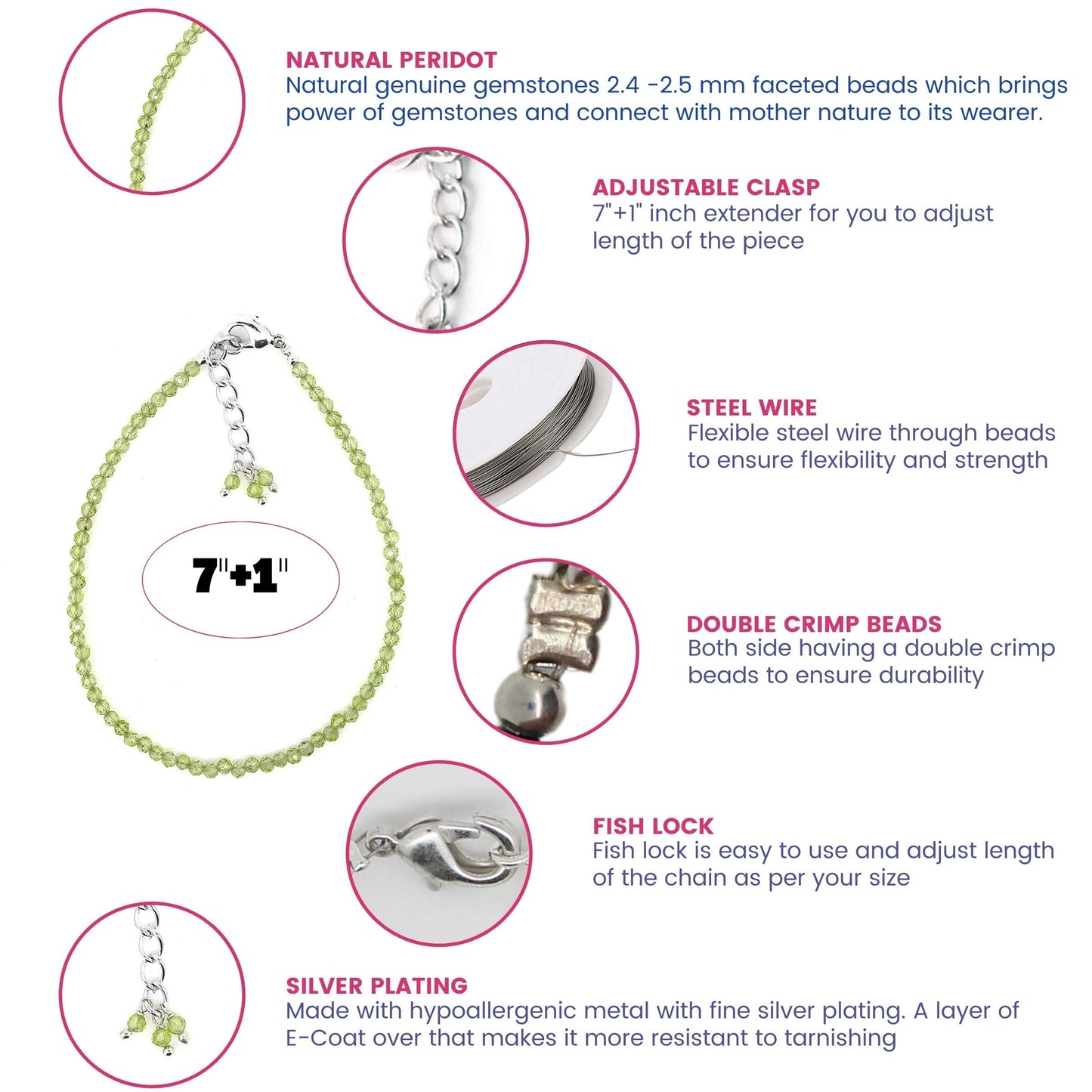 Gempires Peridot Bracelet for Women | Dainty Gemstone Beaded Bracelet 2.5 mm | Handmade Minimalist Stacking Bracelet | Adjustable Lightweight Everyday Jewelry | August Birthstone Gift for Her