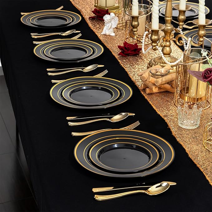 100Pcs Black Plastic Dessert Plates, Disposable Salad Plate with Gold Rim, Premium Hard Fancy Small Plates, Heavy Duty Plastic Cakes Plates for Party, Wedding and Birthday