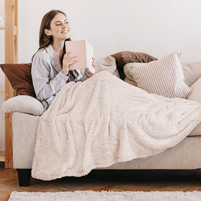 PAVILIA Sherpa Throw Blanket for Couch Sofa, Cream Beige Fluffy Warm Plush Blanket for Bed, Cozy Super Soft Lightweight Throw, Fuzzy Decorative Blanket, All Season Home, 50x60