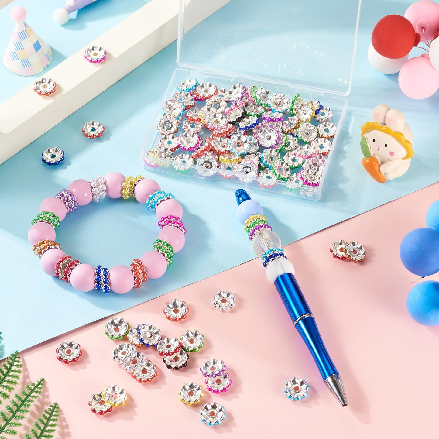 Beadthoven 100pcs Pearl Rondelle Spacers Beads for Pens 14mm Flat Round Large Hole Rhinestone Beads for Bracelet Plastic Pearls Crystal Focal Spacers for Jewelry Making DIY