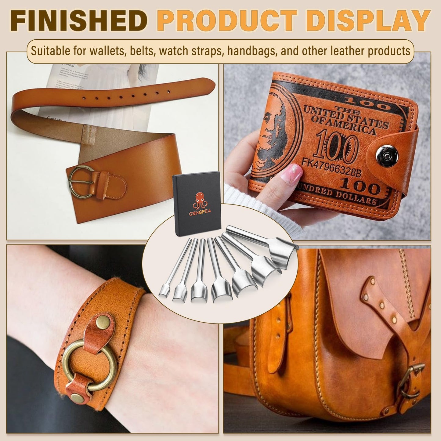 CBHGFEA 7 PCS Leather Corner Punch, Half-Round Cutter Leather Tools, Corner Cutter, 10-40 mm Half Depth Round Cutter Punch Set for Crafting Strap Belt, Wallet, Bag and DIY Leathercraft Projcts