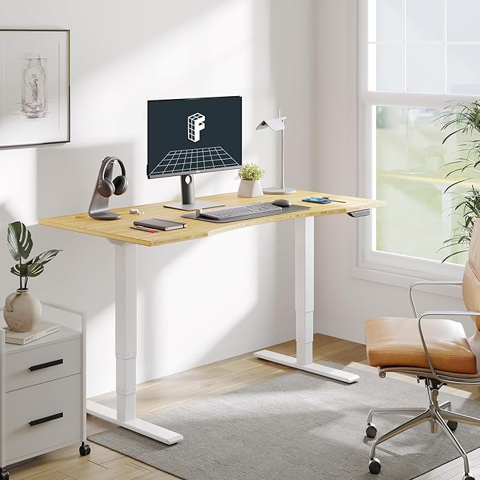 FLEXISPOT E6 MAX Bamboo 55x28 Inch Dual Motor 3-Stage Heavy Duty Standing Desk, 330lbs Weight Capacity, Height Adjustable Desk w/Cable Management & Wheels (Solid Bamboo Curved Desktop + White Frame)