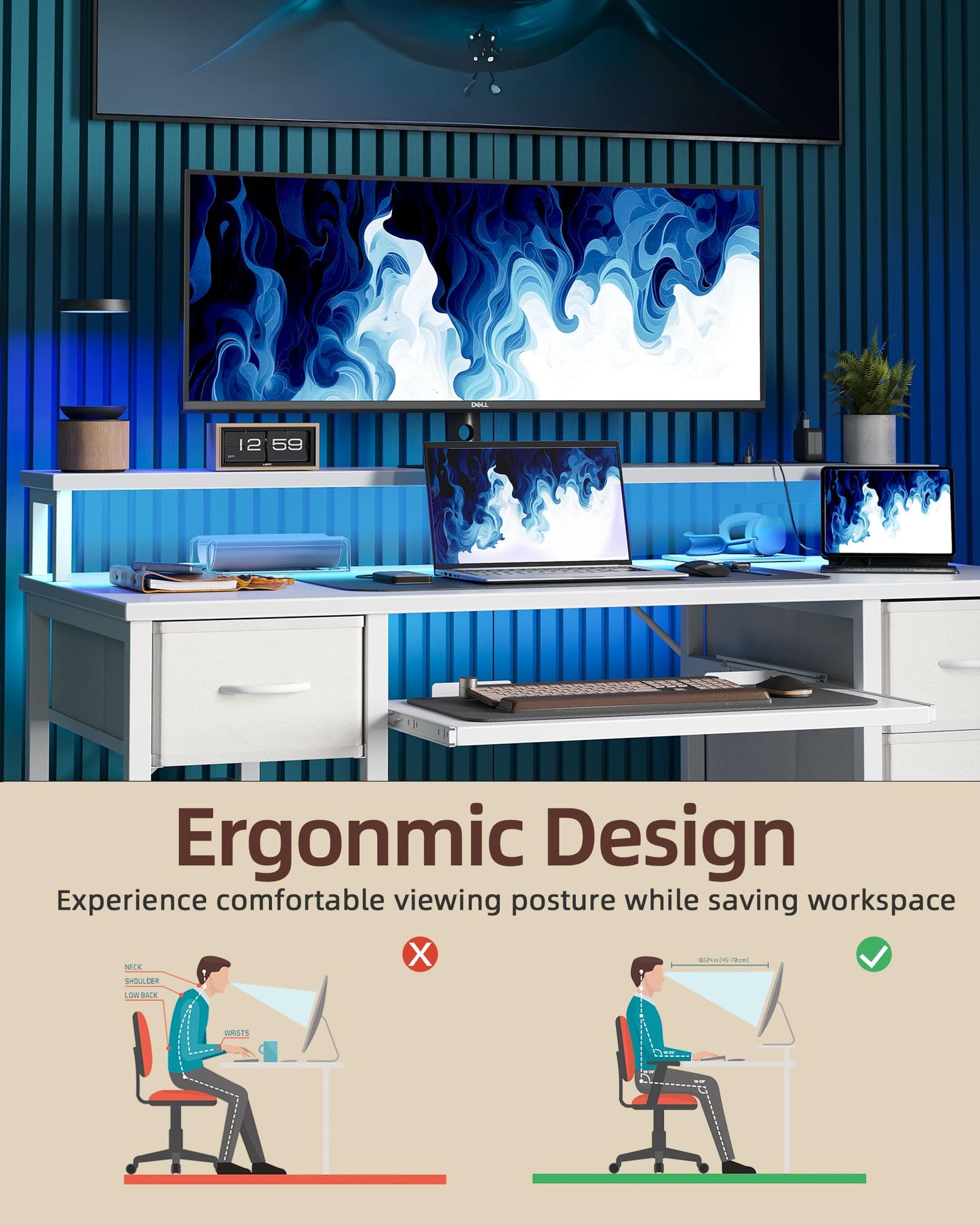 TIQLAB Computer Desk with Drawers and Power Outlets, 47 Inch Gaming Desk with LED Lights, Home Office Desk with Monitor Stand and Keyboard Tray, Study Writing Work Desk for Home Office, White