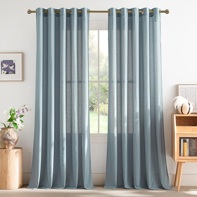 NICETOWN Flax Stone Blue Linen Curtains for Room Divider, Grommet Top Thick Flax Semi Sheer Vertical Drapes Privacy Assured with Light Filtering for Sliding Glass Door, W68 x L84, 2 Pieces