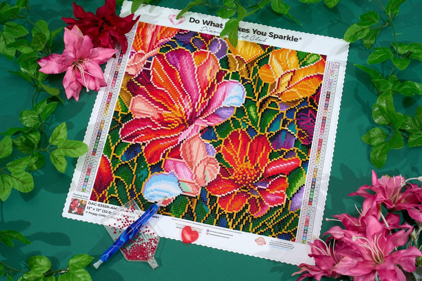 DIAMOND ART CLUB Stained Glass Flower Diamond Painting Kit, Fun DIY Crafts for Adults, Round Diamond Art Canvas, 13" x 13" (32.8 cm x 32.8 cm)