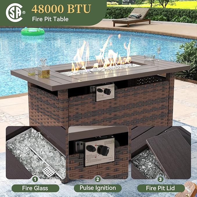 Aoxun 11 Piece Patio Furniture Set with 44” Fire Pit Table Wicker Rattan Outdoor Sectional Sofa Set with Coffee Table and Thickened Cushions, Beige (Waterproof Cover Included)