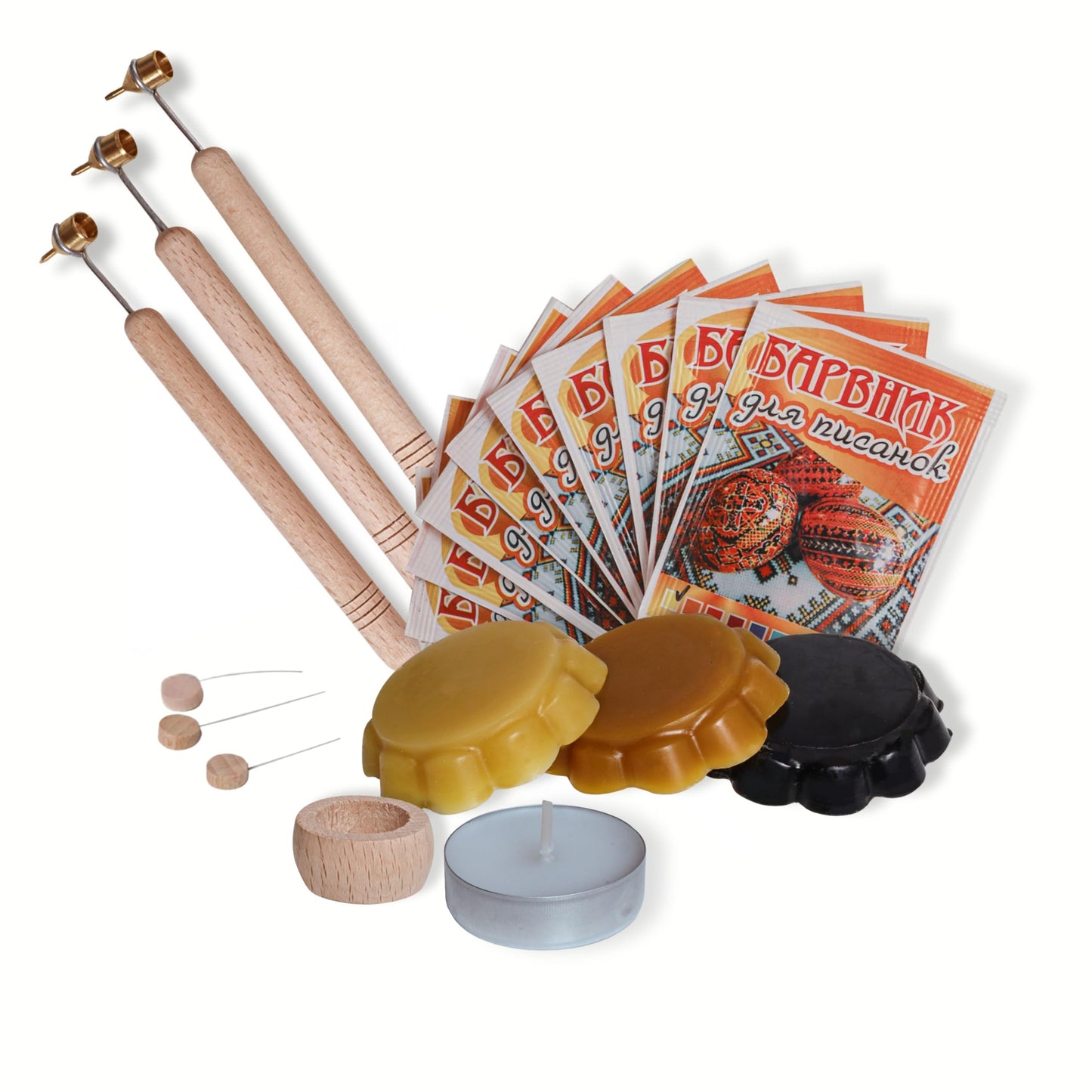 Easter Egg Decorating Kit for Pysanky, Ukrainian Egg Decorating Set with 3 Wax Writer Pens, 3 Beeswax, 10 Dyes, Candle, Egg Stand and Instructions, Candle - Traditional Art