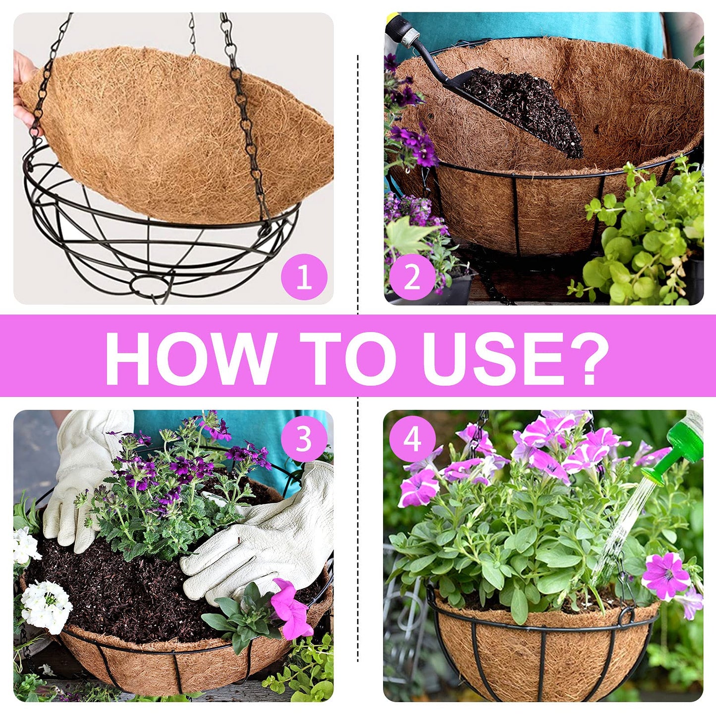 TigeJoy Coco Coir Liners for Hanging Baskets 12inch 4PCS, 100% Natural Coco Fiber Planter Insert, Round Thick Coconut Liners for Garden Plants Flower Vegetable Pot Flowerpot Replacement Liner