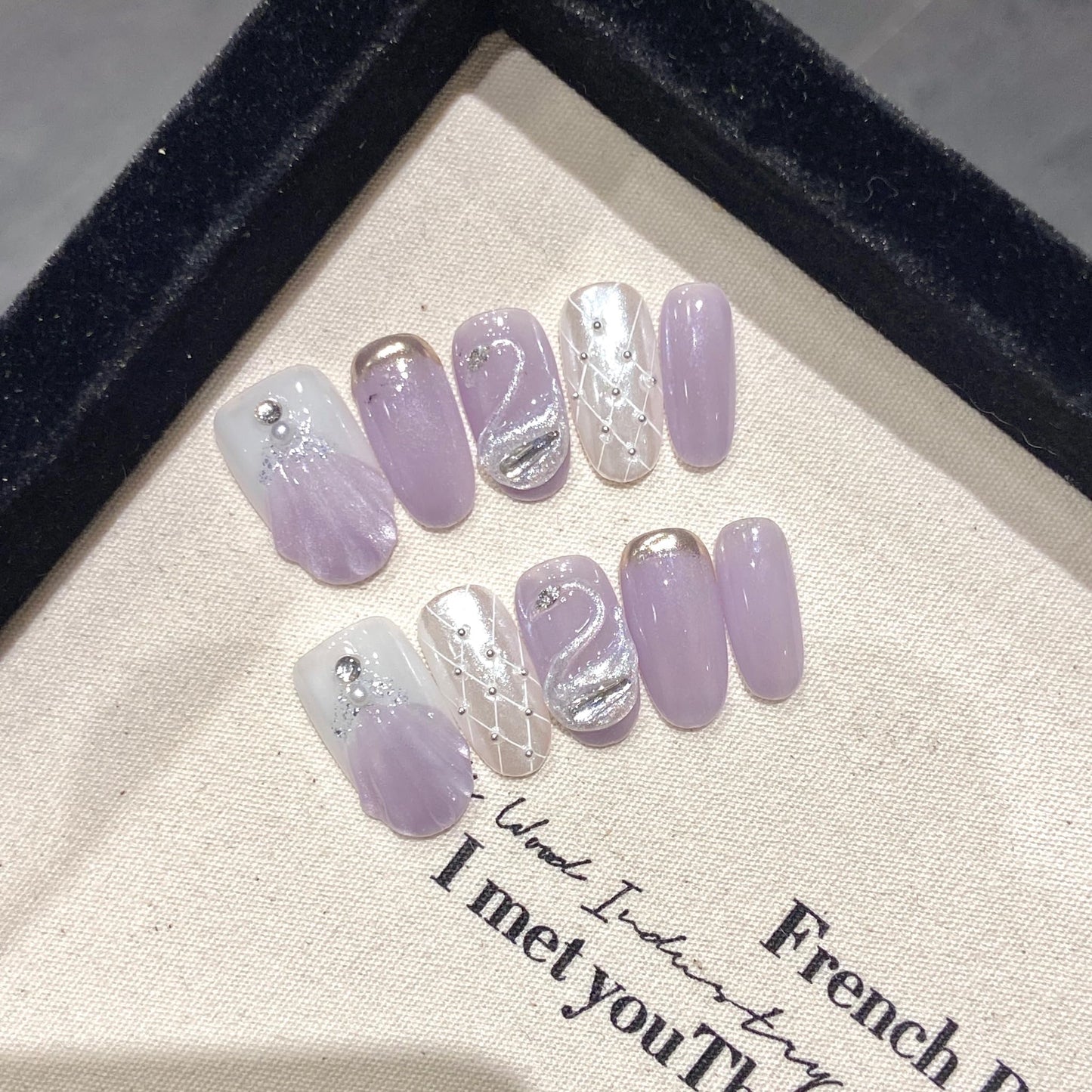 NLSJMP Handmade Nails Press on,Luxury glitter pearl purple white silver rhinestone Design Nail Art Kit,Acrylic Fake Nails Kit,Reusable False nails,Include Toolkit,10pcs,Size M，#1991