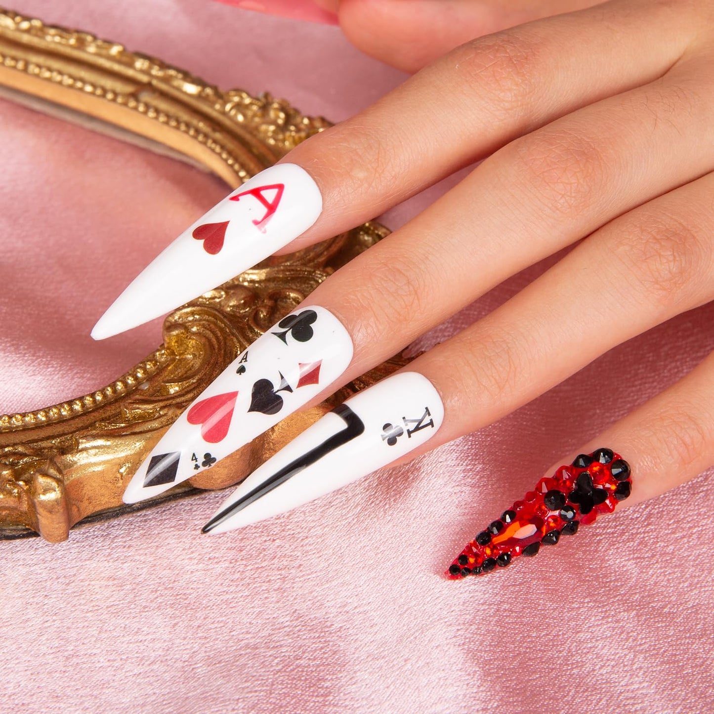 LOVFUL Press on Nails Poker Queen | Handmade with Full Covered Crystals | Reusable Fake Nails | Stiletto Mid Length 1.7 in | H102-M
