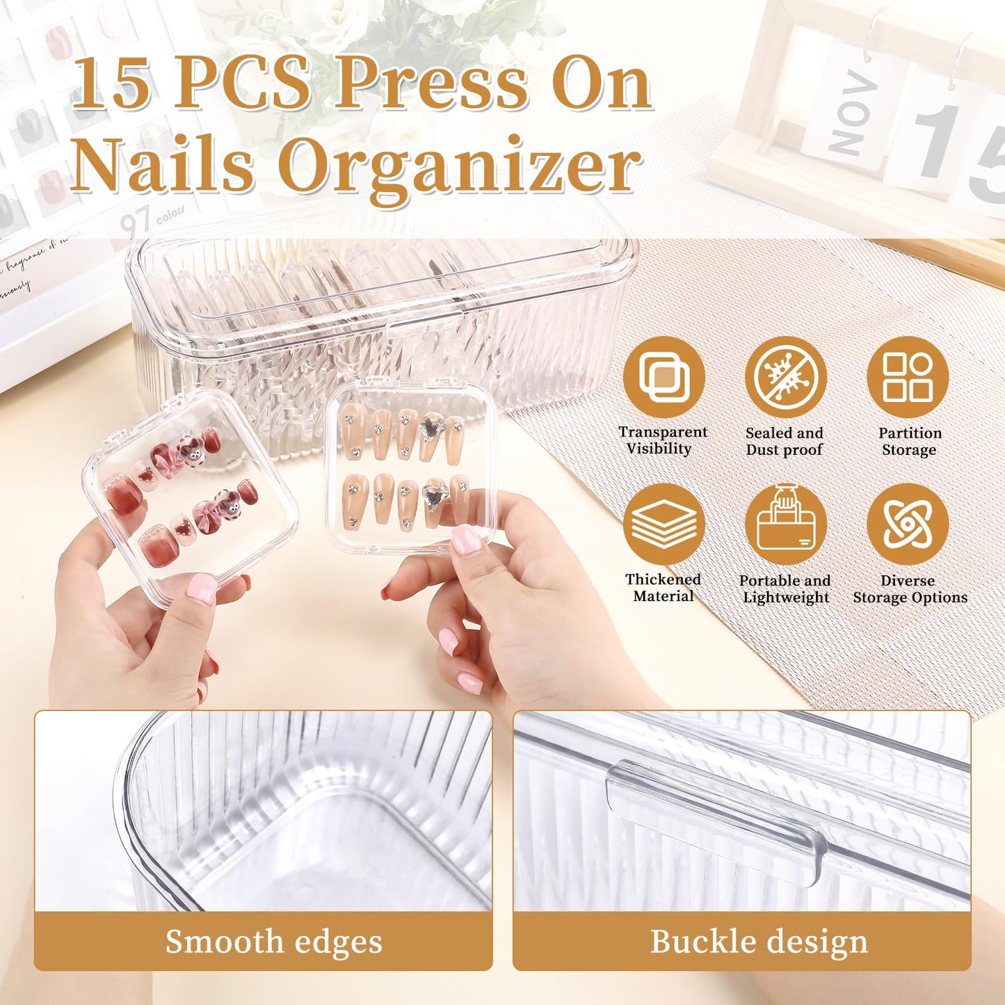YINGJEE 15 Pcs Press On Nail Storage Box Container, Clear Press On Nail Packaging Box with 90 Pcs Adhesive Double Sided Tape, False Nail Organizer Case Nail Display Case for Nail Art Home Salon
