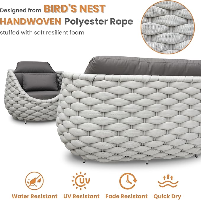 Aluminum Outdoor Seating Set: 5 Pieces Woven Rope Patio Conversation Set - Metal Sofa Set Cushioned Assembled - Modern Couch Porch Furniture for Deck Lanai Balcony Yard Poolside Hotel Resort