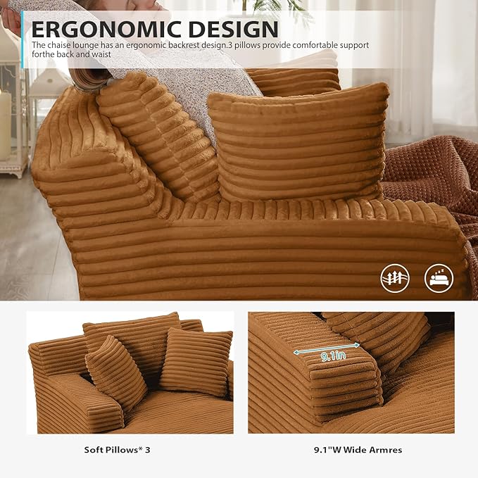 50 Inches Chaise Lounge Indoor, Oversized Chaise Lounge Chair with 3 Throw Pillows and Armrests, Corduroy Upholstered Plush Sofa Bed Lazy Chair Bed Sleeper Chair for Living Room Apartment (Orange)