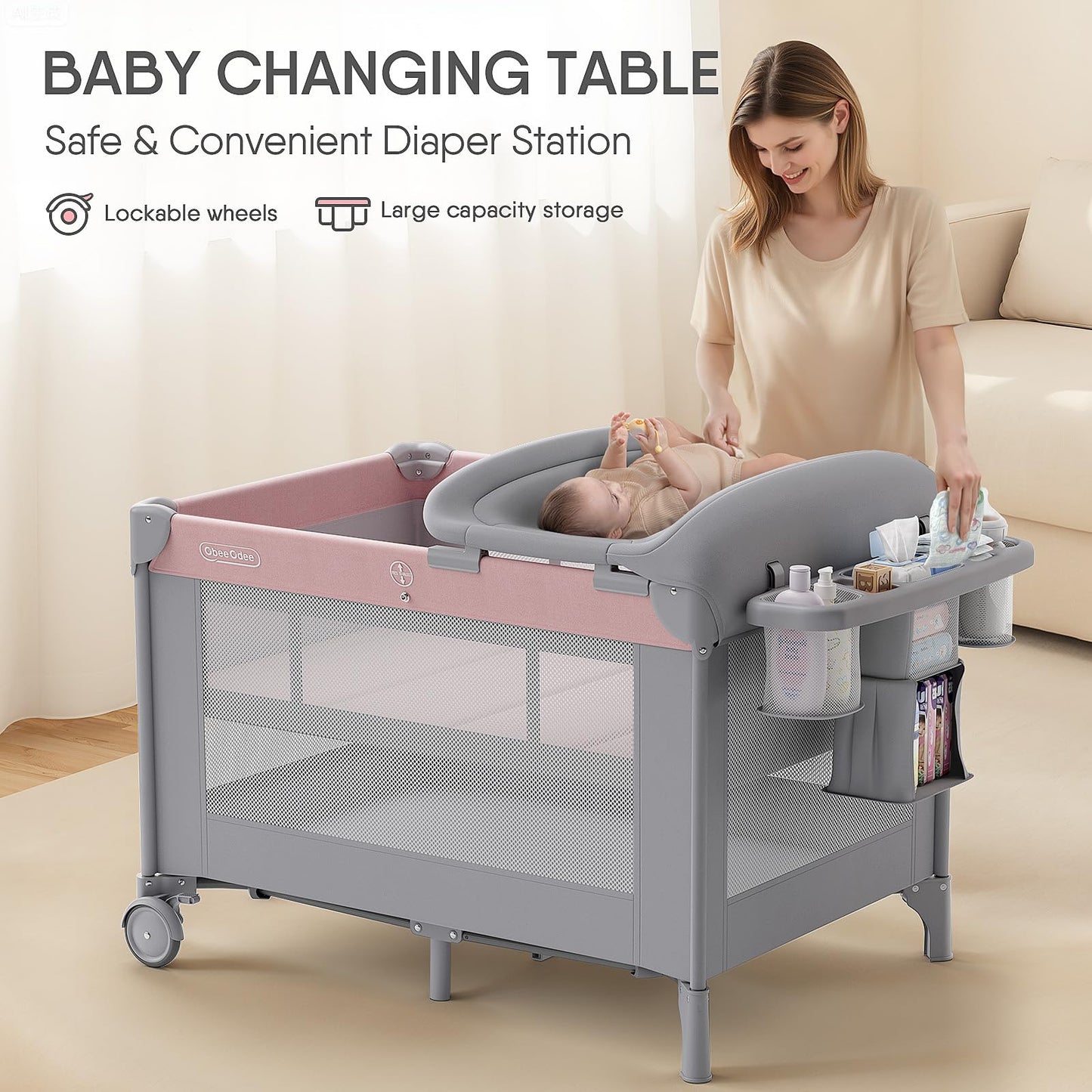 Obee Odee 4-in-1 Baby Bassinet with Playard, Napper Bassinet, Changing Table, Mosquito Net & Canopy, Storage and Toys for Newborn to Toddler