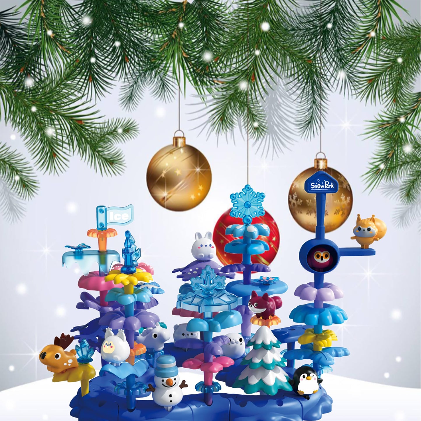 PSDVAYI Snow Garden Stacking Toys for 3 4 5 6 Years Old Toddlers, 79 PCS Creative Construction Building Toys Educational STEM Christmas Birthday Easter Gift for Kids Age 3+