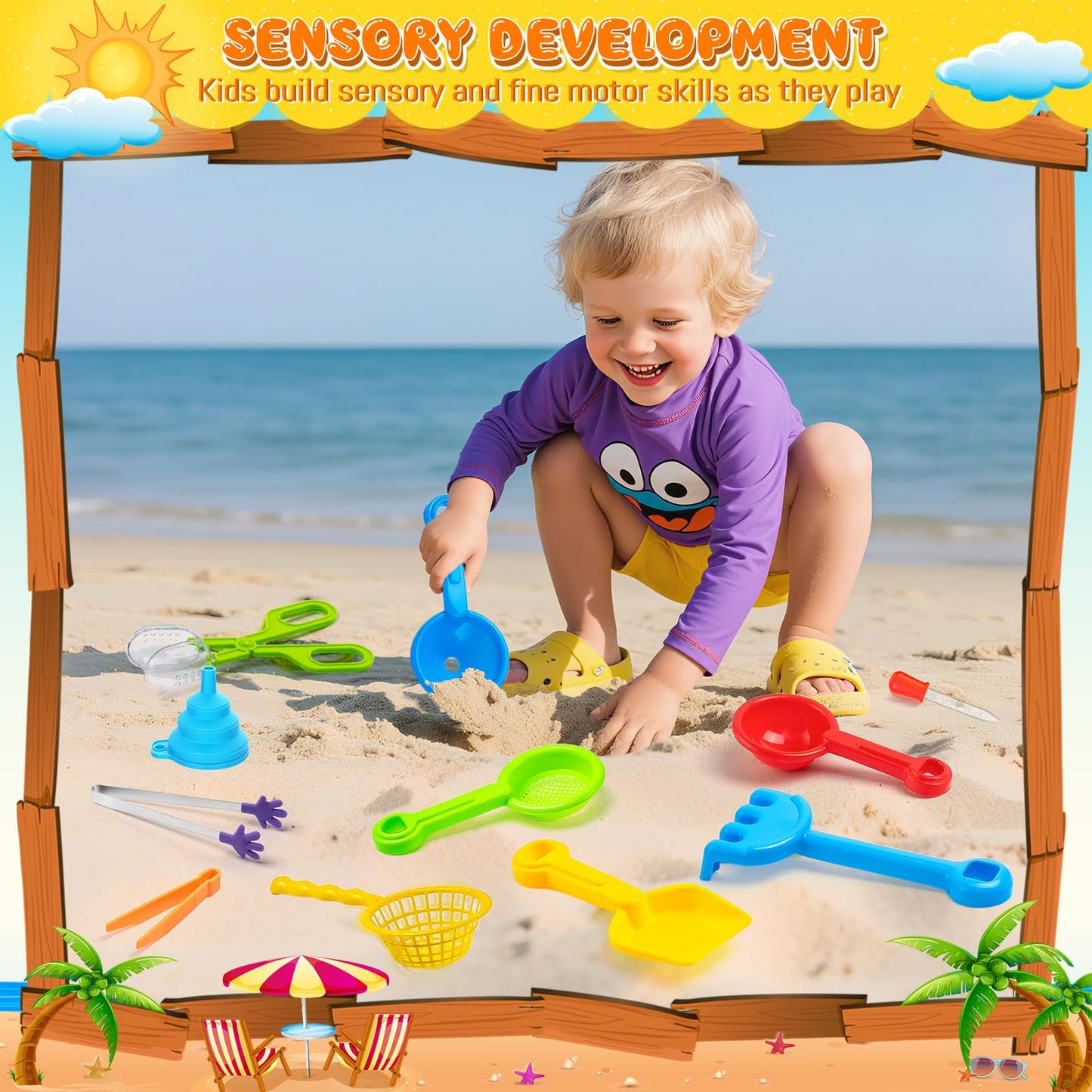 11 Pieces Sensory Bin Filler, Fine Motor Skills Handy Toys Set with 5 Scoops, Tweezers, Mini Silicone Tong, Scissors Clip, Dropper, Beach Shovels, Funnel, Sensory Bin Accessories Tools