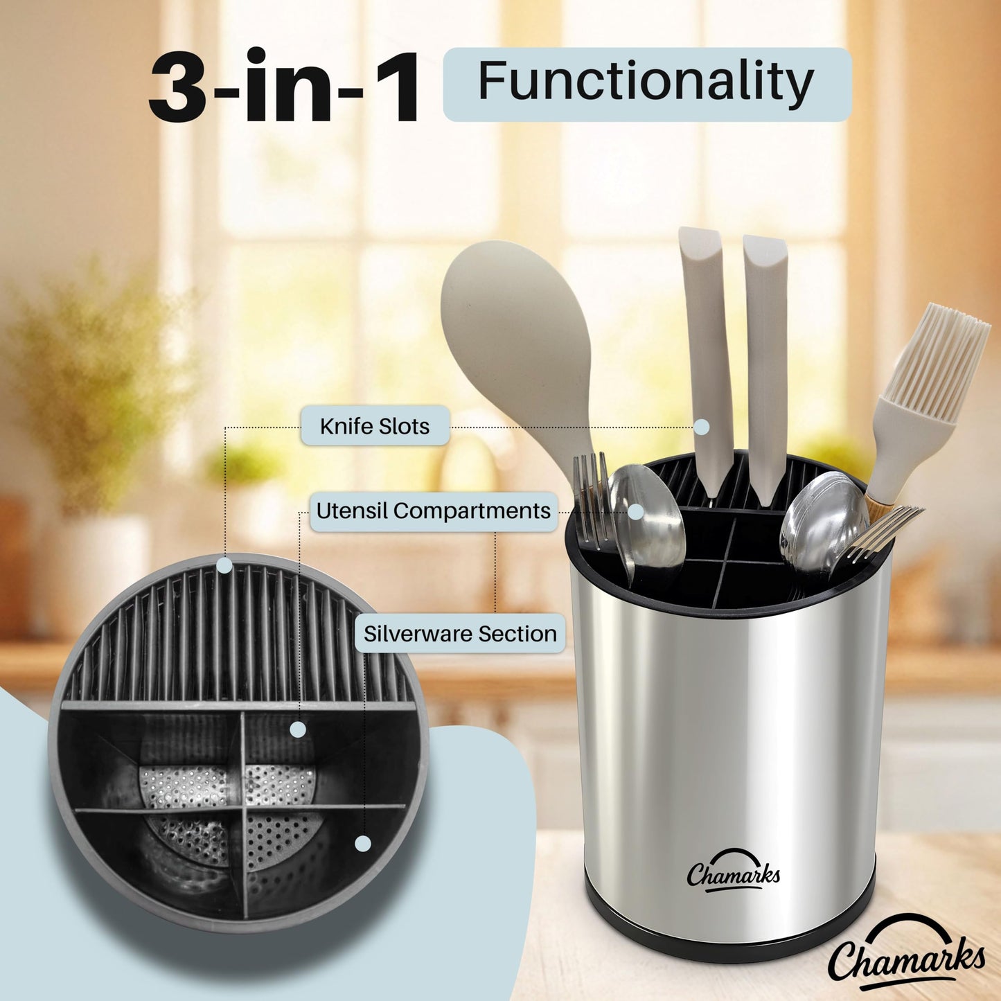 CHAMARKS 3-in-1 Kitchen Utensil Holder for Countertop with Knife Block and Silverware Caddy. (Silver)