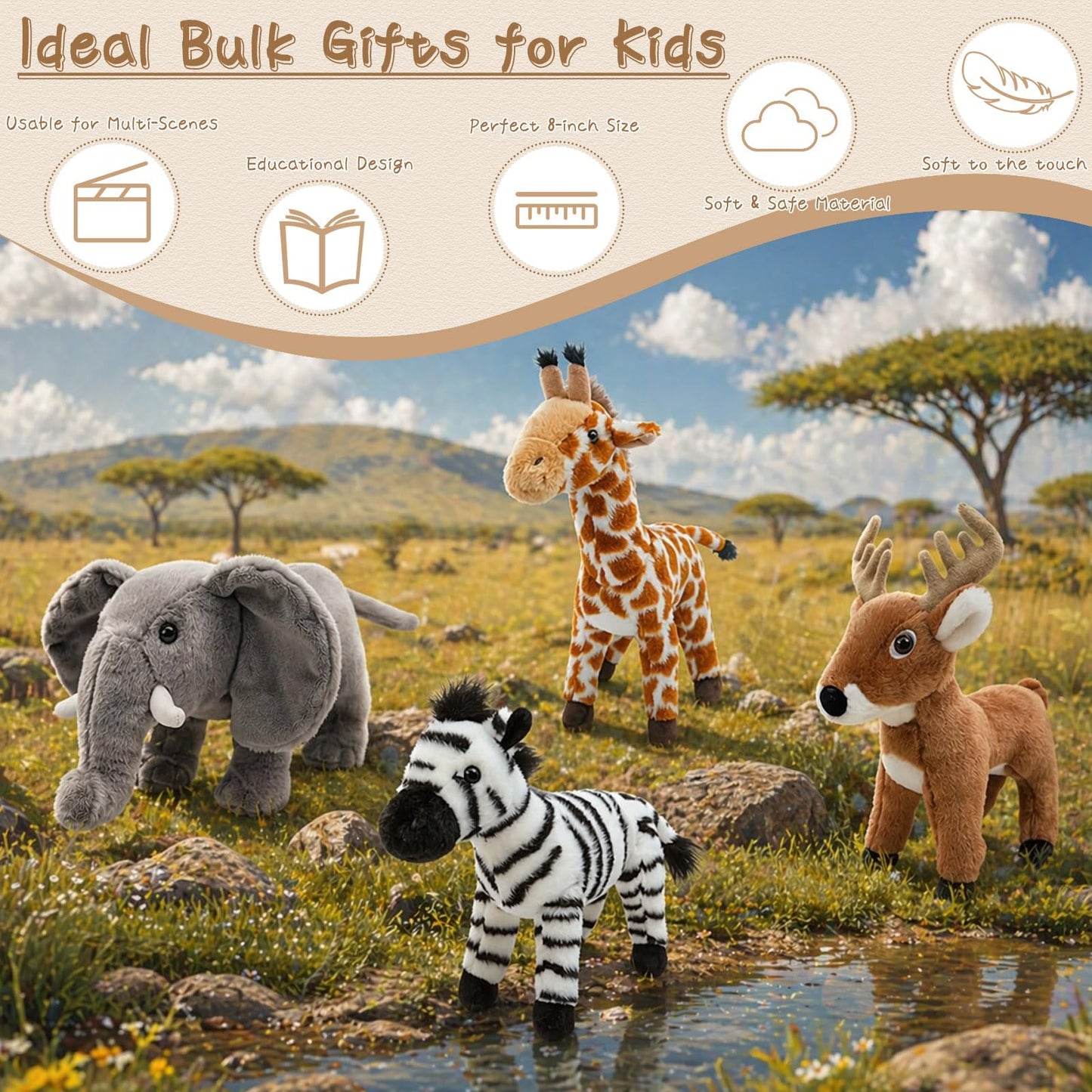 4-Pack 8" Plush Safari Stuffed Animals Set – Giraffe, Zebra, Deer and Elephant, Ultra Soft Washable Jungle Toys for Kids, Adorable Nursery Decor for Toddlers