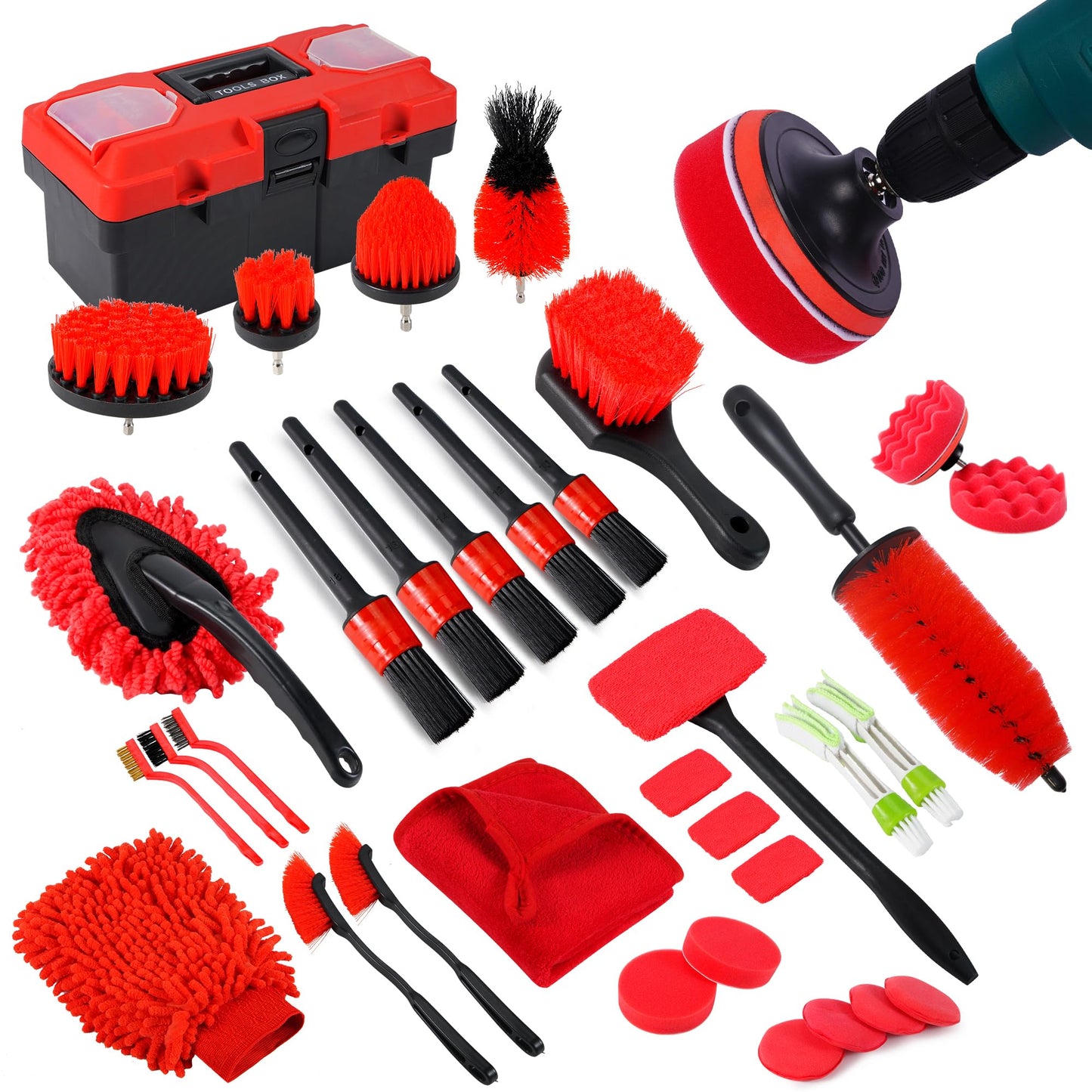 MIANYINGR 35Pcs Car Detailing Kit & Car Cleaning Kit – Windshield Tool, Long Wheel Brush & 2 Angled Brushes, 4 Polishing Pads & 4 Wax Pads – Red Tool Box – Gift for Men (B：35PCS-R)