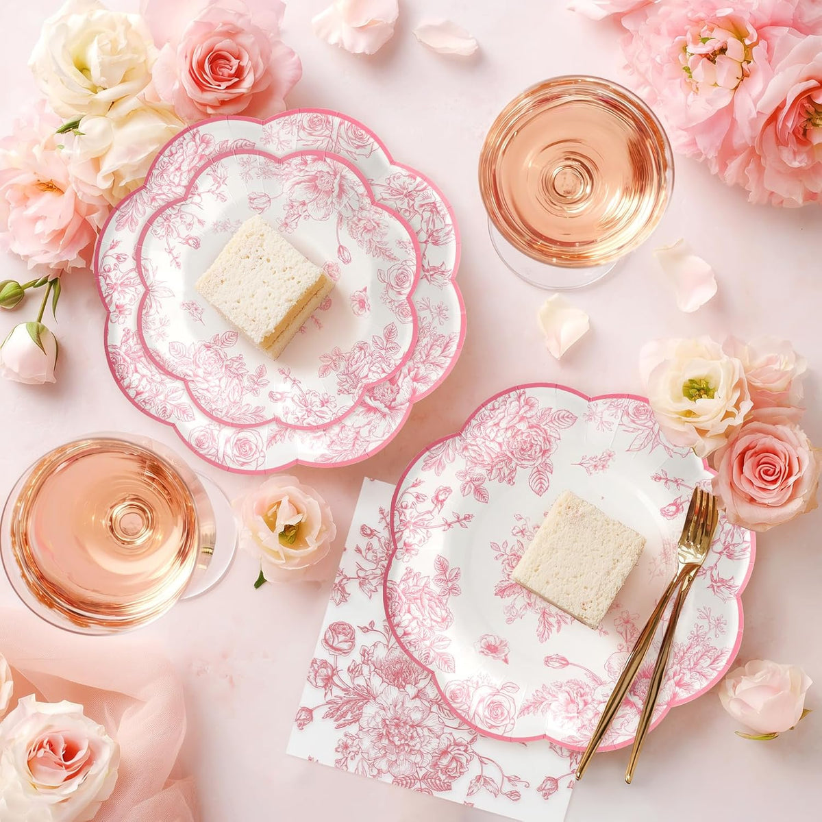 96pcs Party Plates Pink Flower Disposable Tableware Set 7"&9" Paper Plates, Cups and Napkins for 24 Guests Party Table Supplies for Tea Party Baby Shower Brial Shower Birthday Wedding