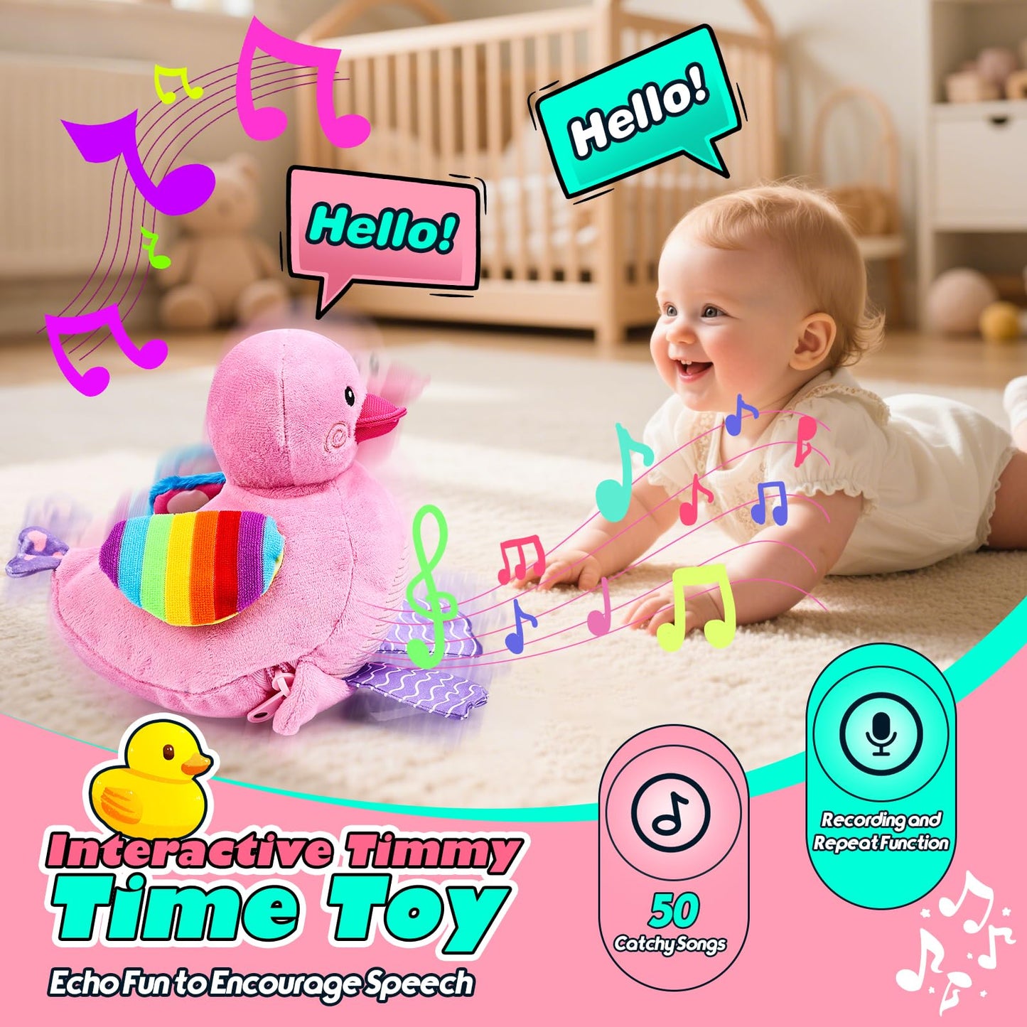 Esjay Crawling Musical Duck Plush Toy and Busy Board, Dancing Bouncing Recording Walking Sensory Toys for Boys Girls Toddlers