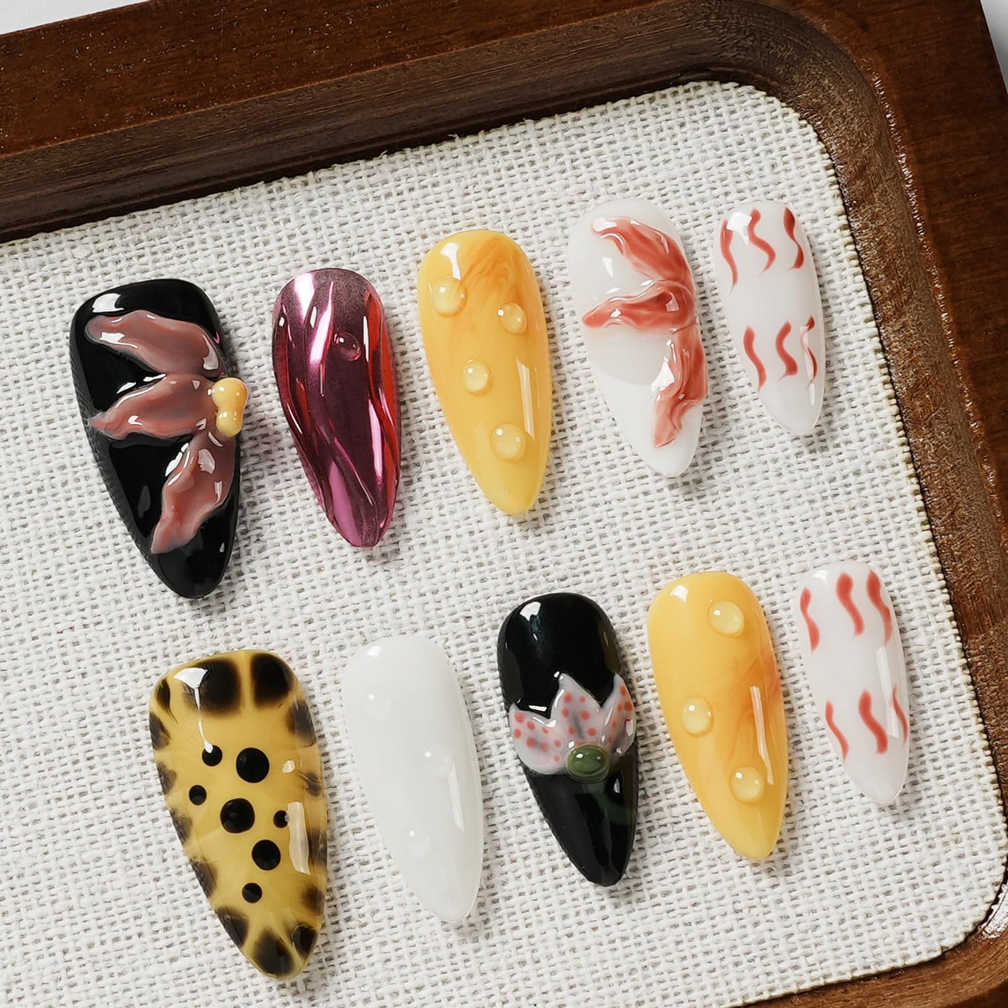 Tesytto Handmade Press on Nails with 3D Flower & Water Droplets - Luxury Multicolor Almond Fake Nails - Reusable Salon Quality Stick on Nails for Women (Bold Bloom & Dot Glam, M)