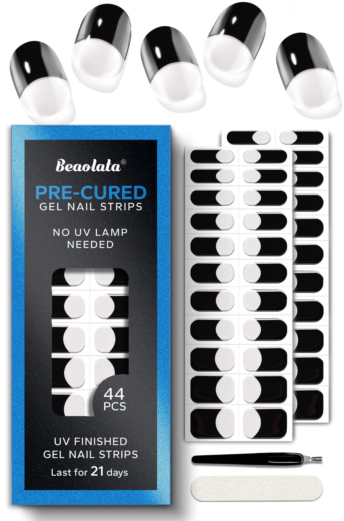 Beaolata Real Gel Nail Strips (No UV Light Needed) - 44Pcs Salon Quality Nail Stickers - Long Lasting Polish Wraps for Women, Easy Apply & Remove (Midnight Tip)