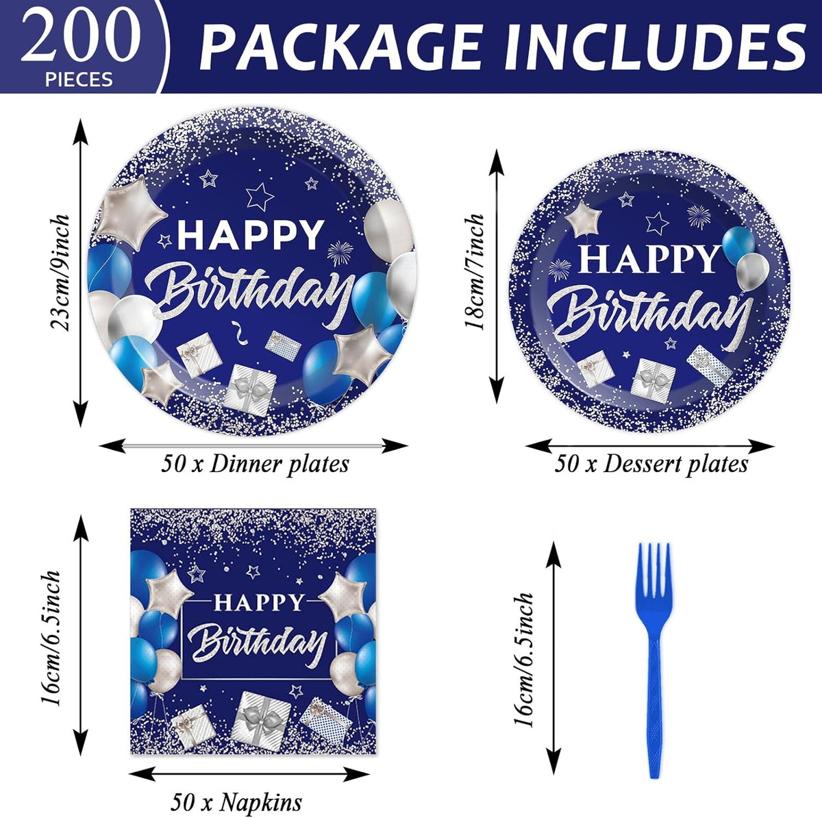 50 Guests Blue Birthday Plates Napkins Happy Birthday Plates Navy Blue and Silver Happy Birthday Plates for Men Women Disposable Paper Plates Napkins Forks Party Decorations Tableware Set 200 PCS