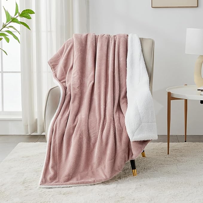 SOCHOW Waffle Sherpa Fleece Throw Blanket, Super Soft Fuzzy Warm, Lightweight Fluffy Reversible Plush Blanket for Bed Sofa Couch, 60 x 80 Inches Dusty Pink