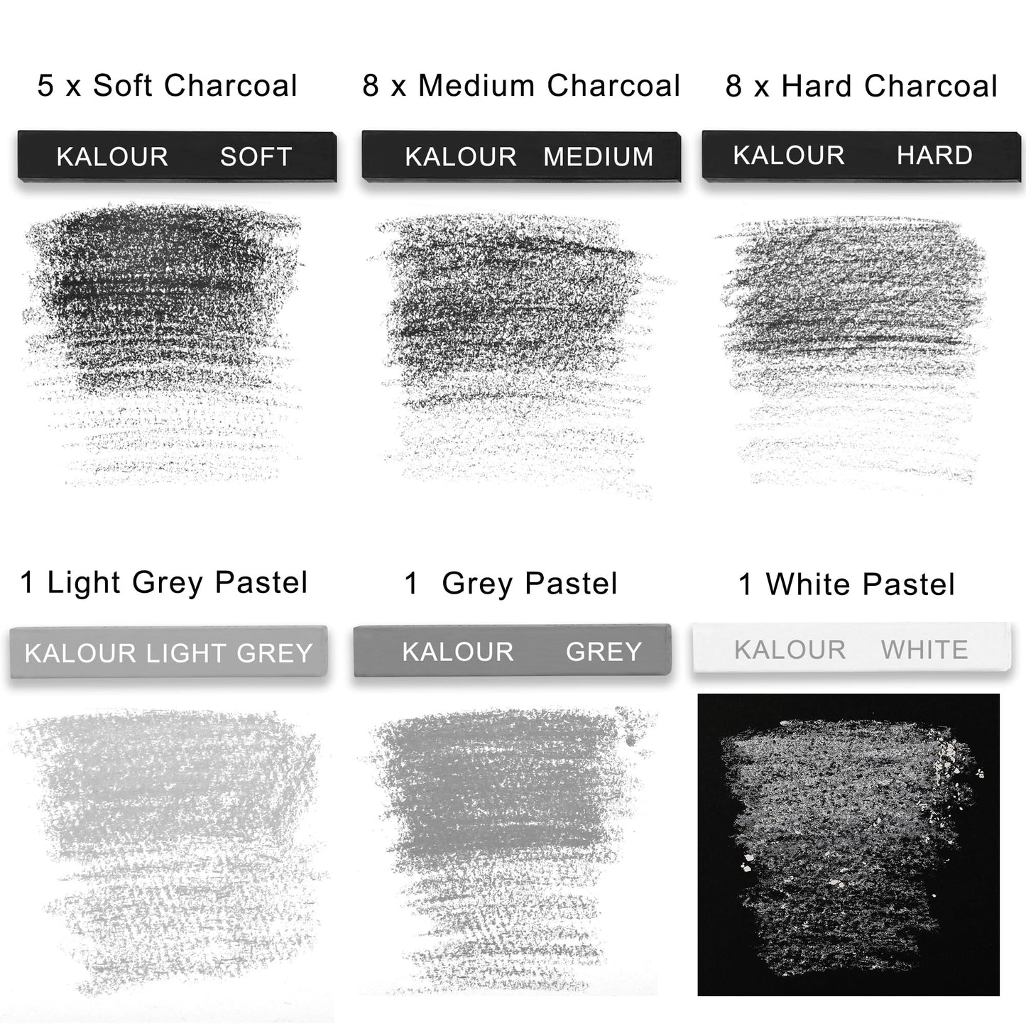 KALOUR 24 Pro Charcoal Drawing Set - Soft,Medium,Hard Charcoal and White - Charcoal Sticks for Drawing Sketching Shading - Art Supplies Gift for Artists Beginners Adults