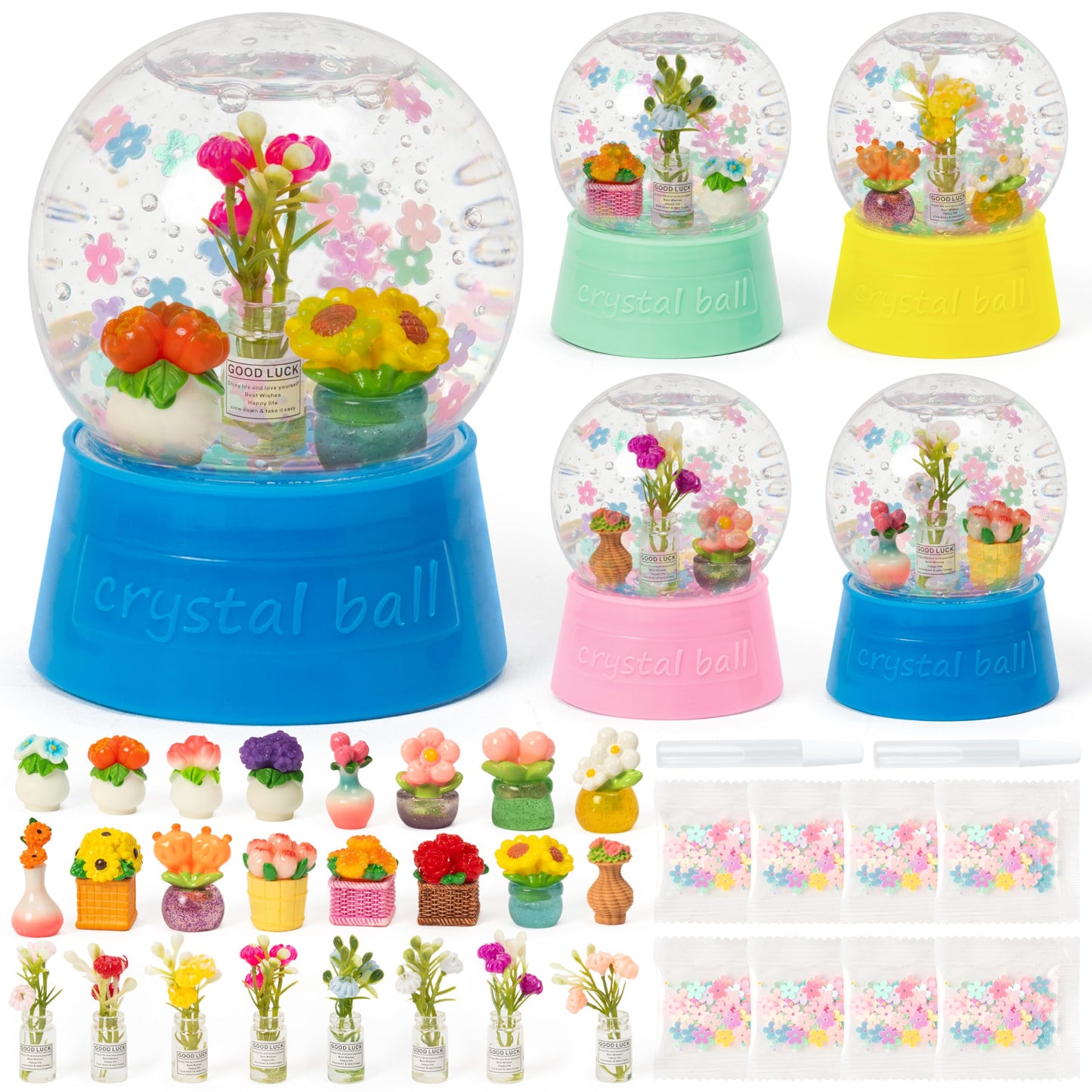 HoniedPepperino Spring Summer Snow Globes Craft Kit - 8 Set DIY Plastic Snow Globe Craft with Mini Resin Tulips, Make Your Own Graduation Party Decor with Glitter for Art Activity Gifts (Flowers)