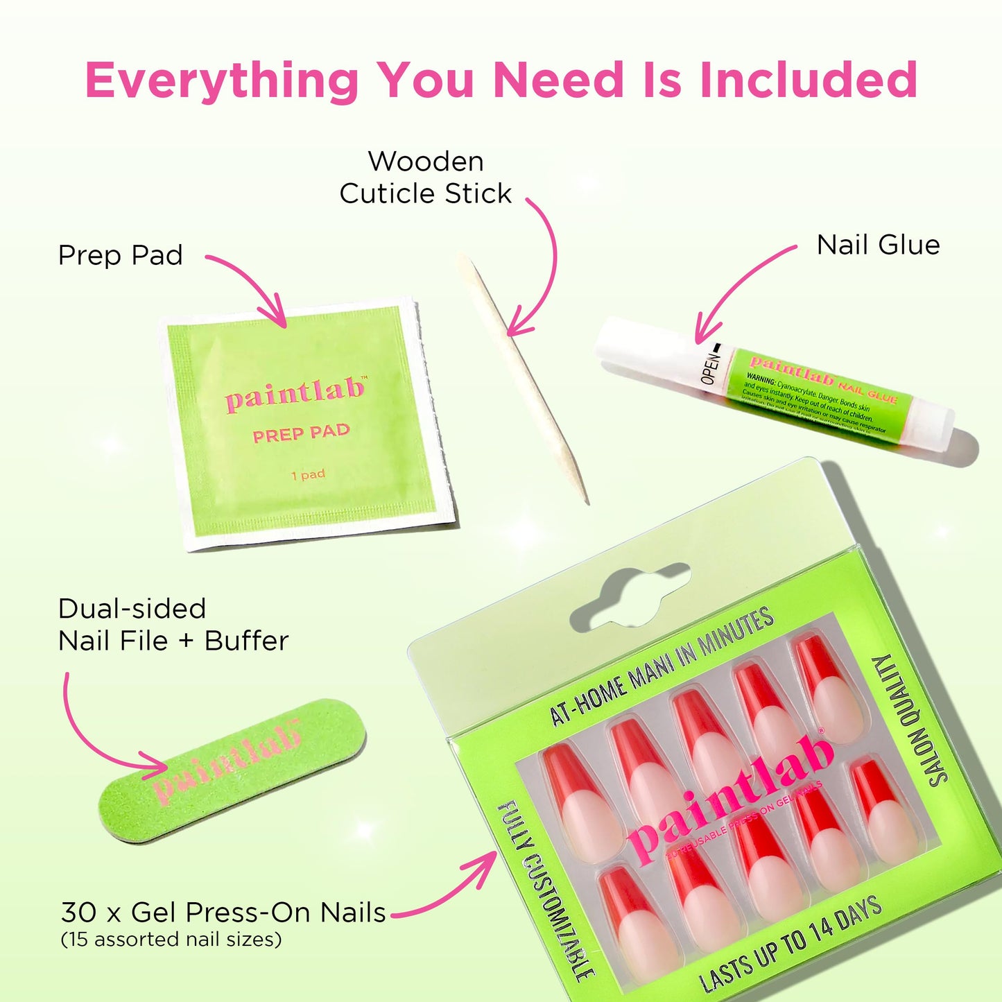 PaintLab Press-On Nails Manicure Kit, Red Hot - Coffin, 30-Piece Set, Long-Lasting Fake Nails with Glue, File, Prep Pad & Cuticle Stick