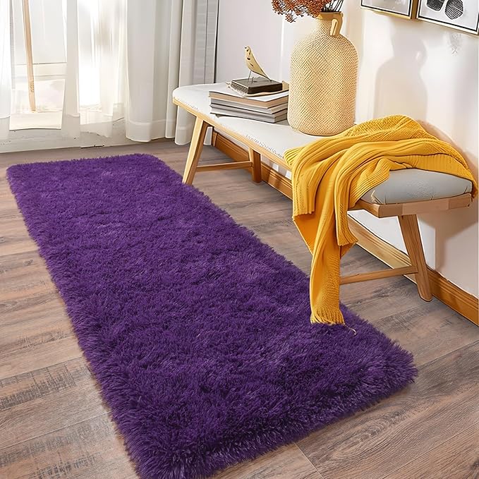 Fluffy Shag Runner Rugs for Bedroom Hallways, 2x8 Purple Long Soft Throw Area Rug Non Slip for Bedside Dorm, Shaggy Furry Carpet for Nursery Living Room Home Decor