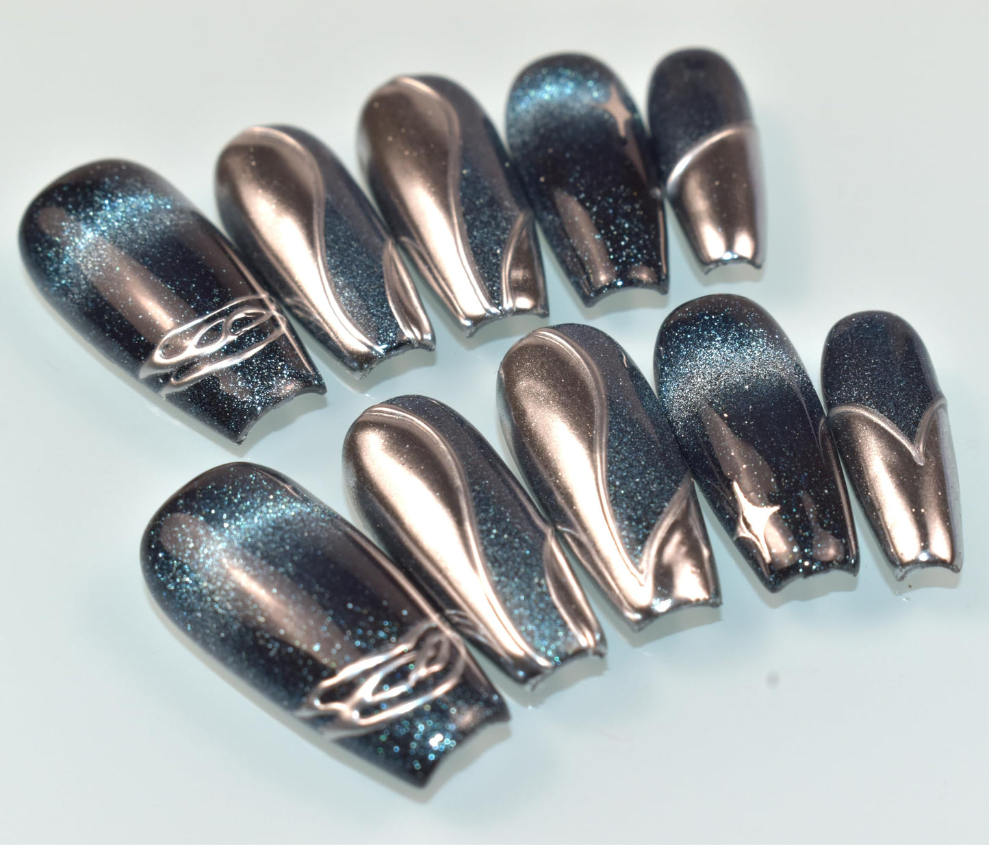 LIFOOST Nails Handmade Press On Medium Coffin Silver Blue Magnetic Cat Eye Fake Nail Luxury Star River False Nail Tips,10 Pcs Size Small