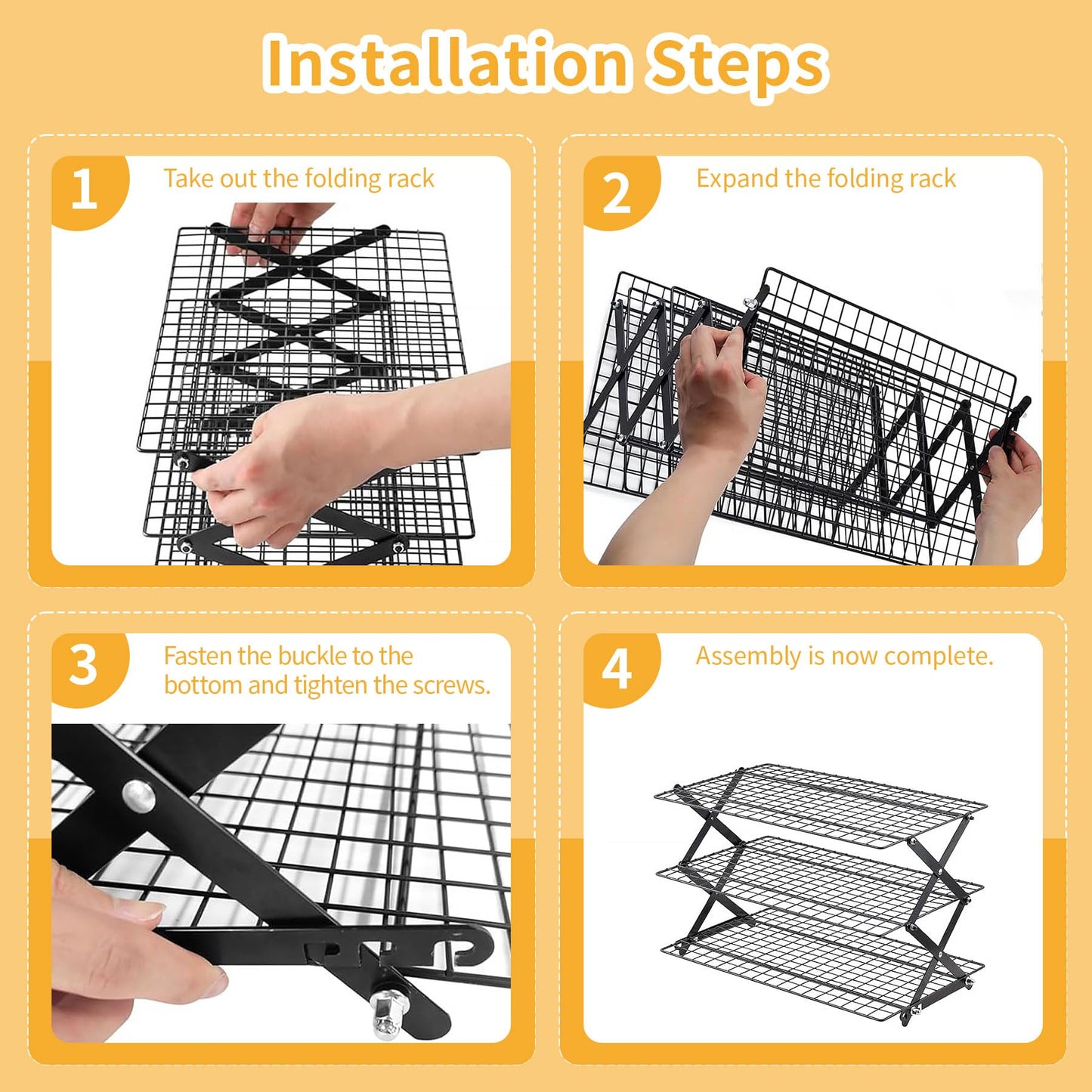 ZESHIHAOGUO 3-Tier Collapsible Cooling Rack with 3-Setting Design, Heavy-Duty Steel Baking Rack for Oven Safe Cooking & Space-Saving Storage