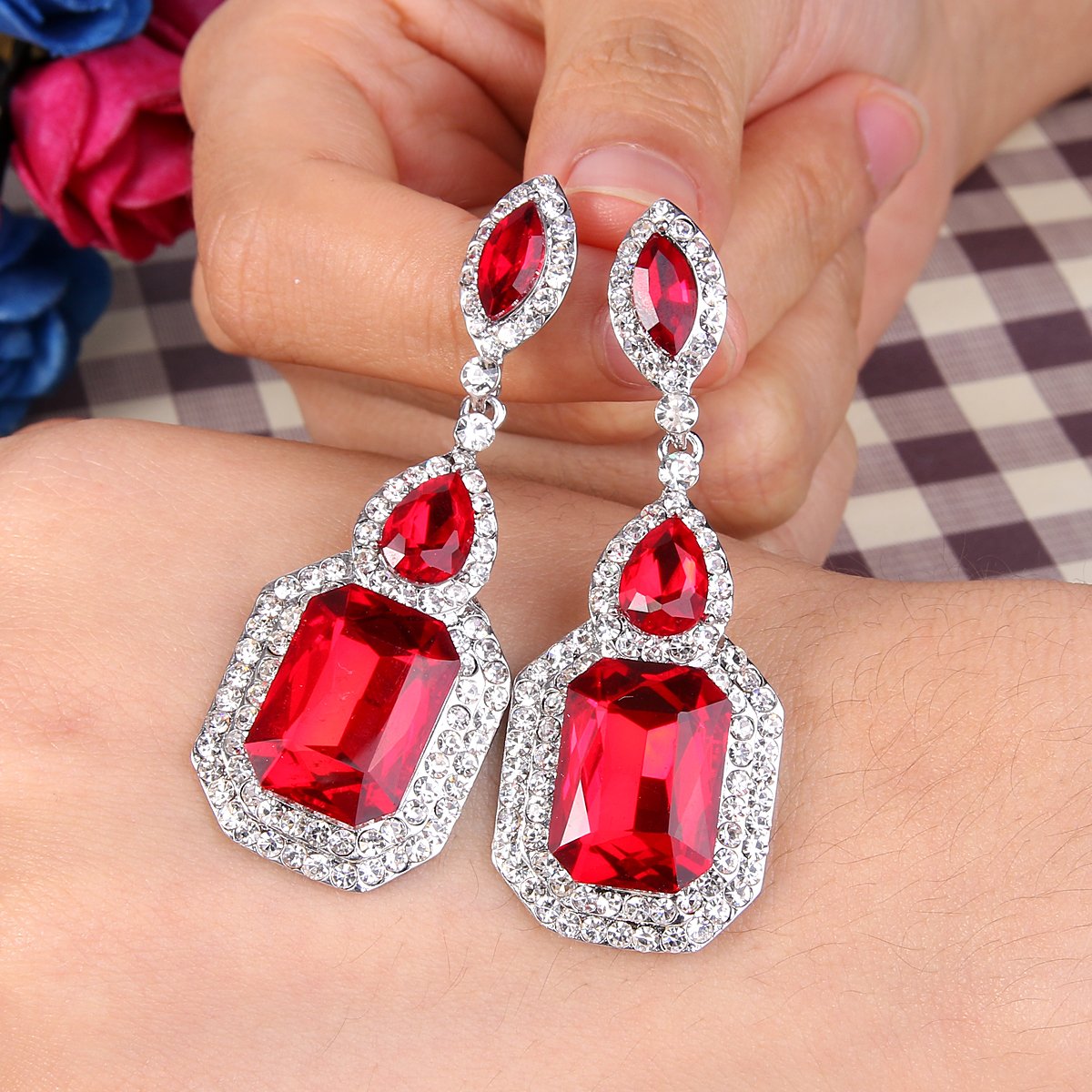 BriLove Women's Wedding Bridal Dangle Earrings Emerald Cut Crystal Infinity Figure 8 Chandelier Jewelry Ruby Color Silver-Tone