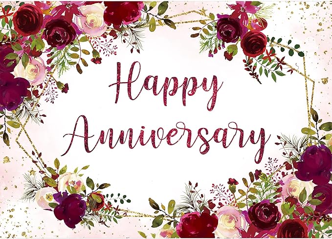 Homewelle Happy Anniversary Backdrop 8Wx6H Feet Polyester Fabric Elegant Burgundy Floral Watercolor Rose Plant Green Leaves Gold Glitter Decoration Romantic Photography Background Photo Shoot Props