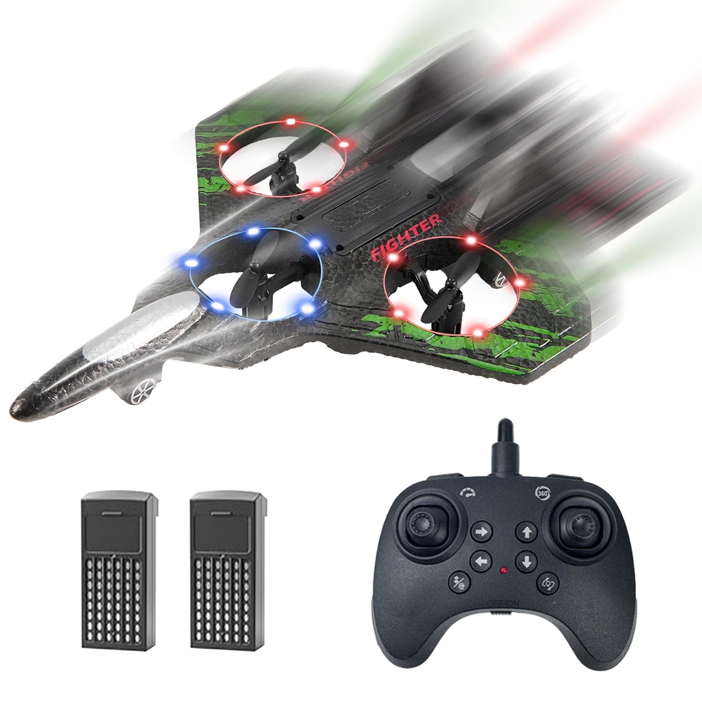 LEFEI Remote Control Drone for Kids,2.4Ghz Foam RC Airplanes Helicopter Quadcopter with Auto Hovering,360° Flip,Gravity Sensing,Stunt Roll,Cool Light,2 Battery,Gifts for 6-12 Kids Boys (Green)